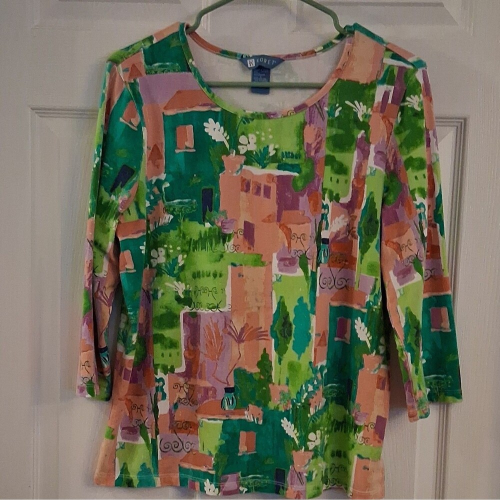 Koret Multicolor Abstract Knit Scoop Neck 3/4 Sleeve Stretch Top Size Large